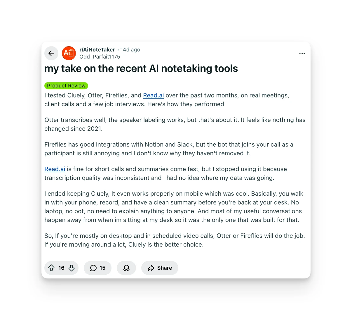 Fireflies.ai Reddit Customer Review
