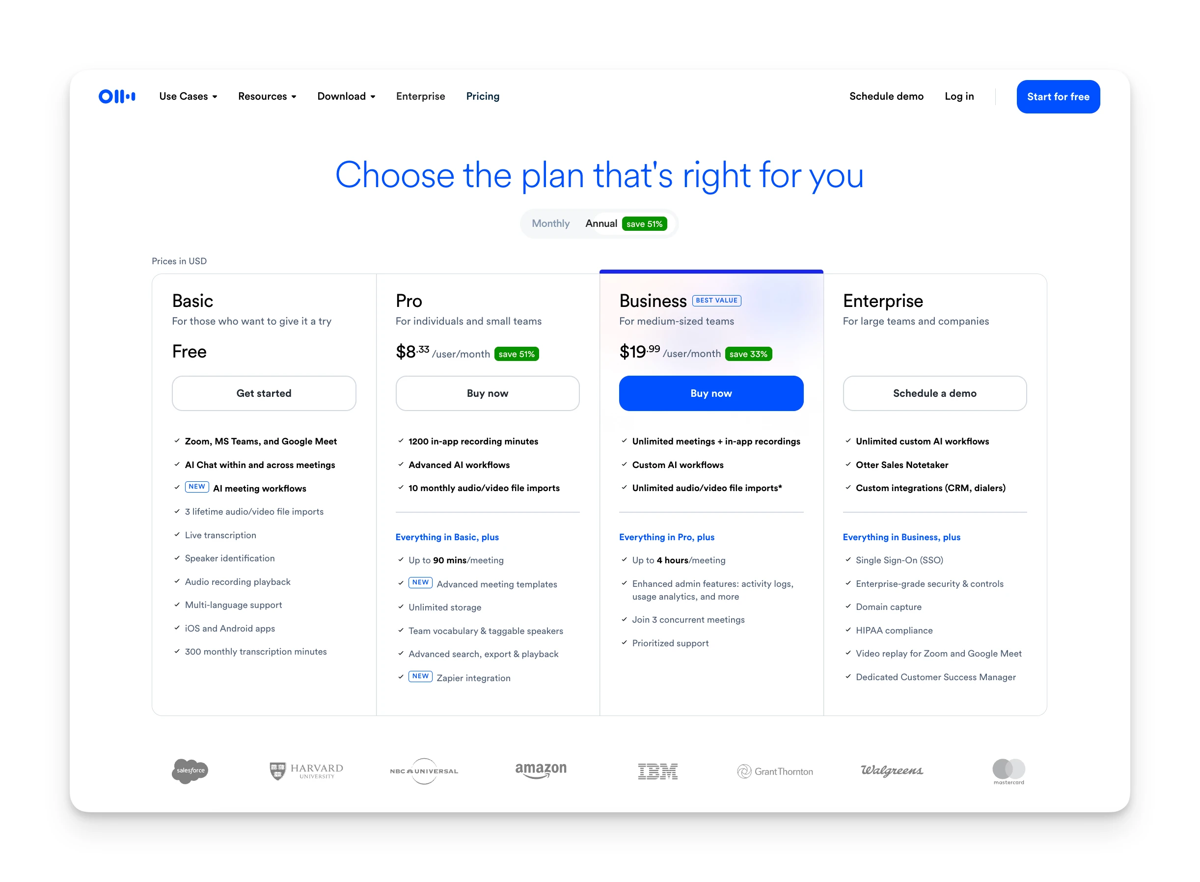 Otter AI Pricing page