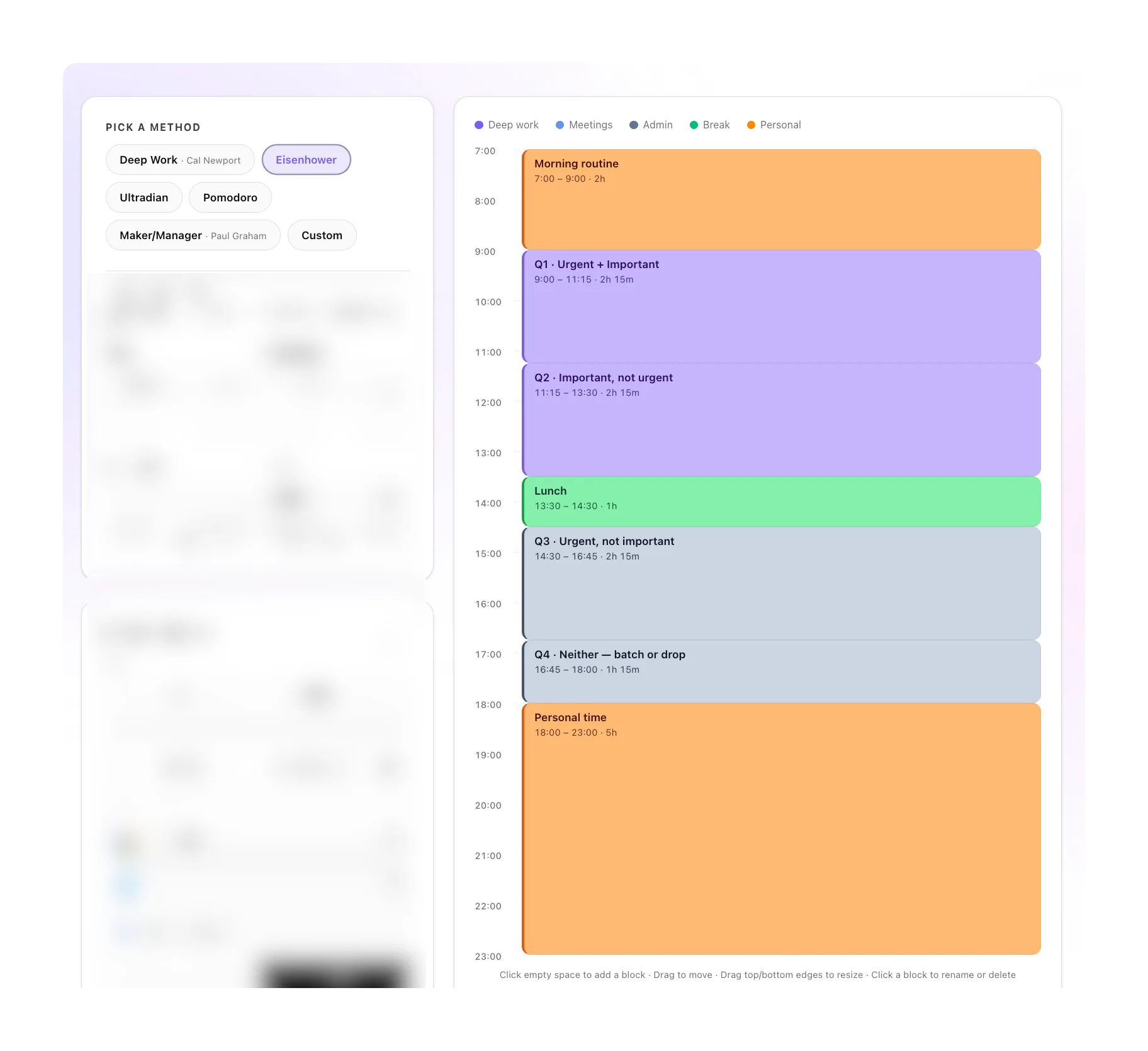 Eisenhower Matrix preset — the day split into Q1 urgent+important, Q2 important not urgent, Q3 urgent not important, and Q4 batch-or-drop