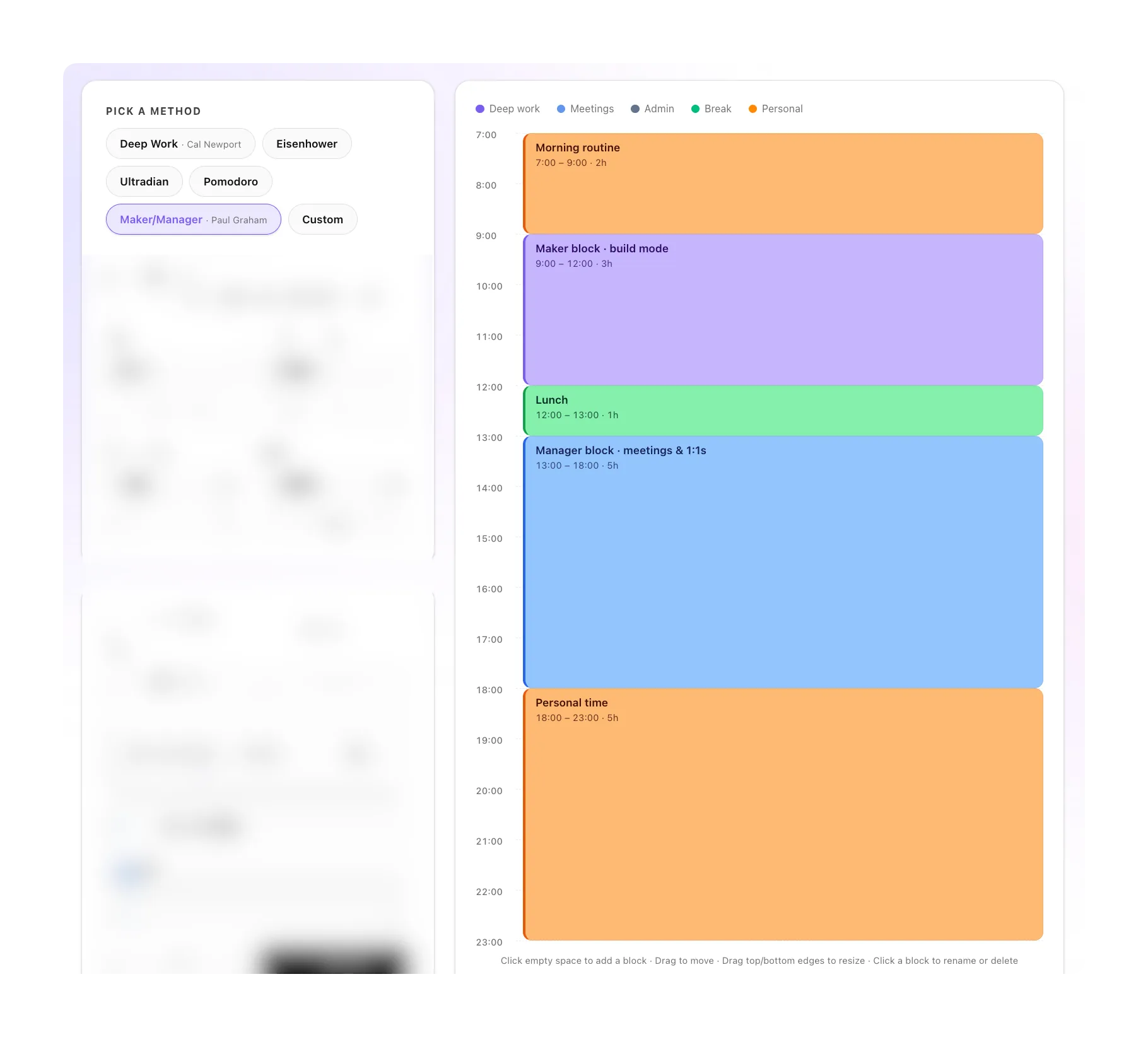 Maker/Manager preset — a single morning maker block for building, then an afternoon manager block absorbing all meetings