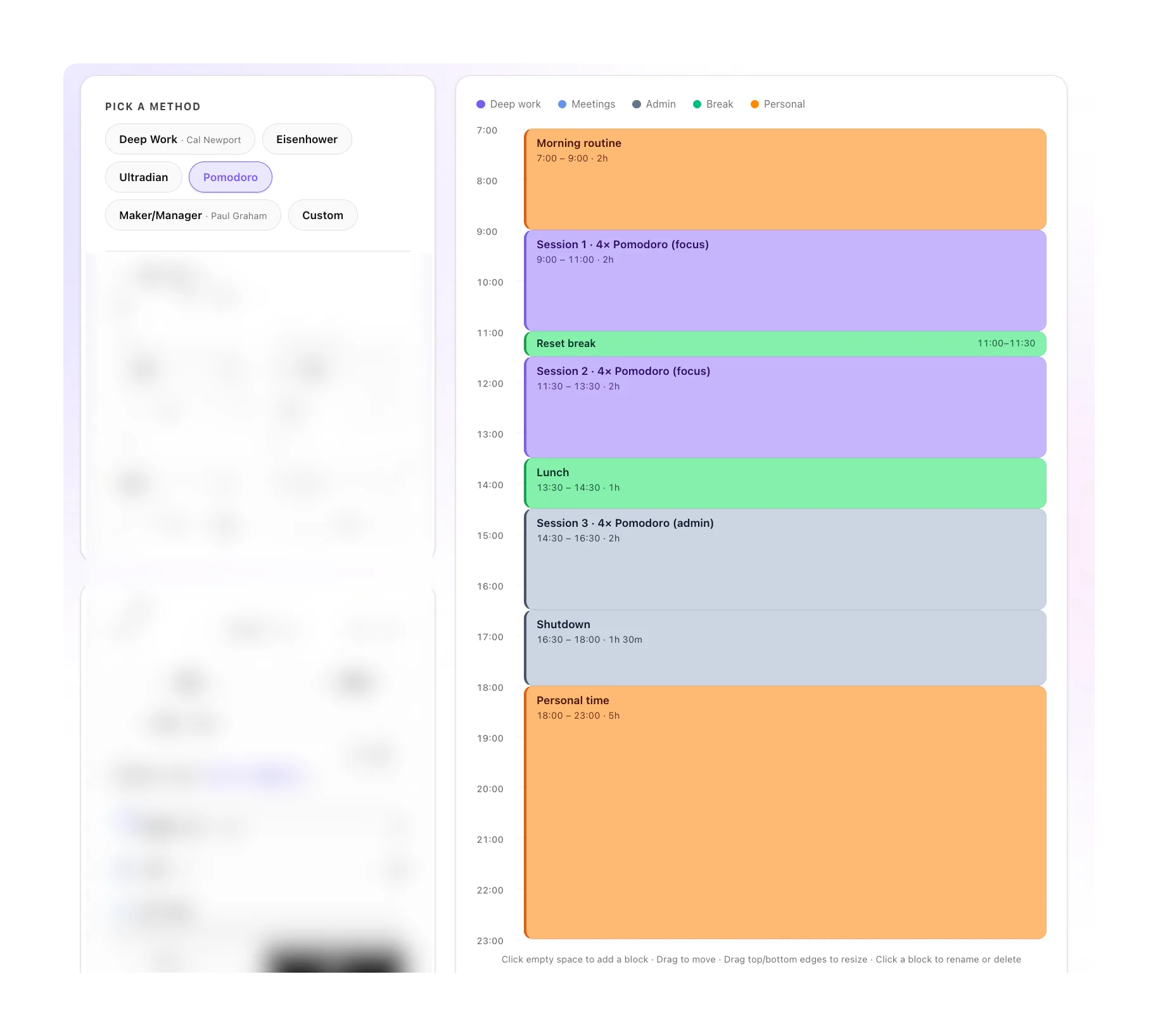 Pomodoro Stacking preset — three 4×Pomodoro sessions separated by reset breaks and lunch