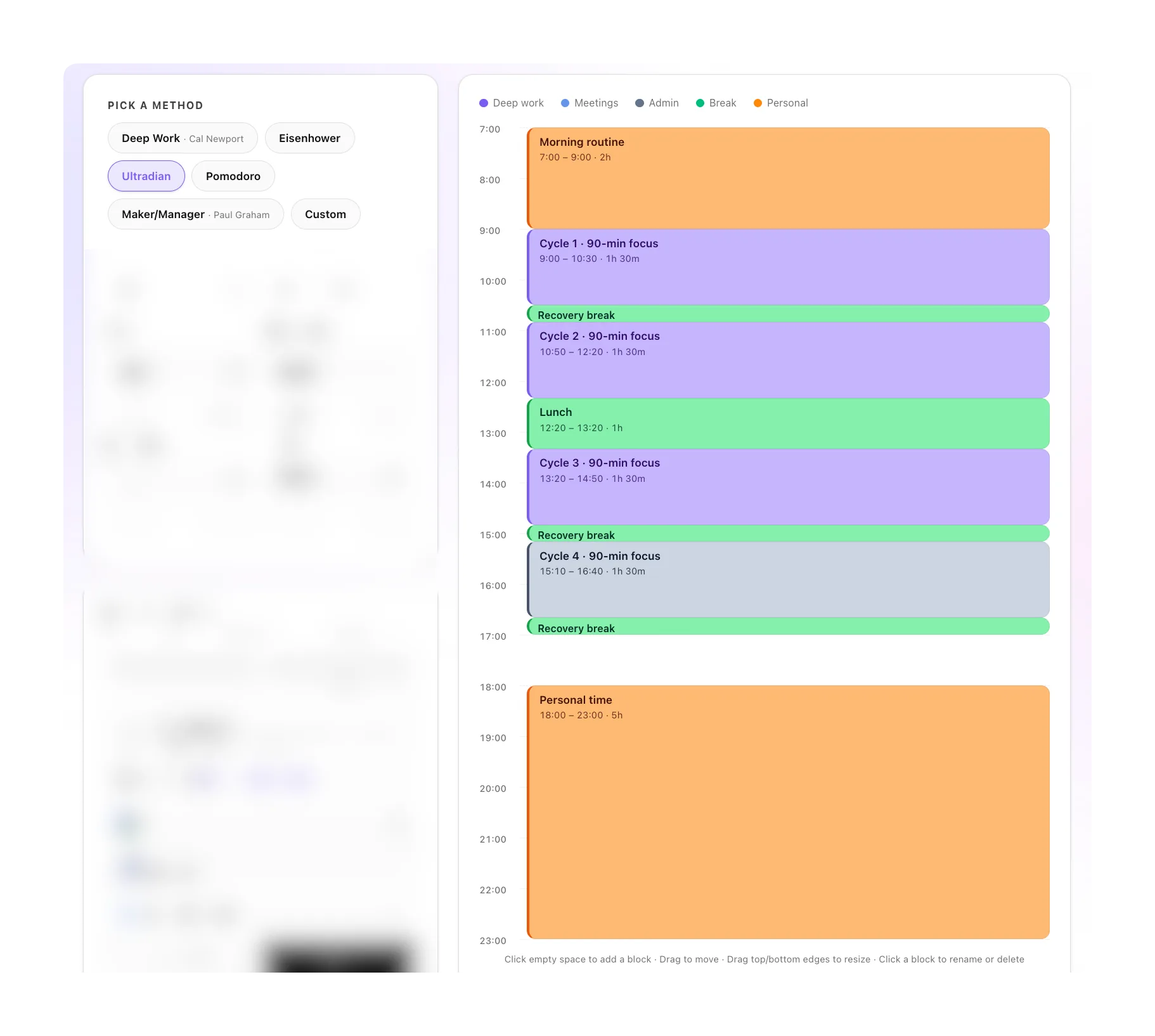 Ultradian Rhythm preset — four 90-minute focus cycles separated by 20-minute recovery breaks